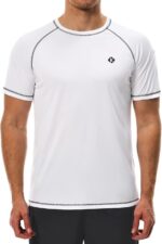 Men’s high-performance rash guard made from nylon and spandex with UPF 50+ sun protection, quick-dry fabric, and flatlock seams for comfort and mobility.