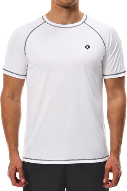 Men’s high-performance rash guard made from nylon and spandex with UPF 50+ sun protection, quick-dry fabric, and flatlock seams for comfort and mobility.
