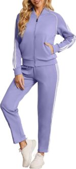 Women’s two-piece tracksuit with striped zip-up jacket and jogger pants with pockets