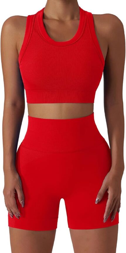 Elevate Your Fitness with Premium Ribbed Sports Bra and High-Waisted Shorts Set for Women