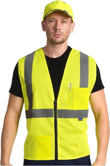 AYKRM Class 2 High Visibility Reflective Mesh Safety Vest with 2 Pockets for Men and Women
